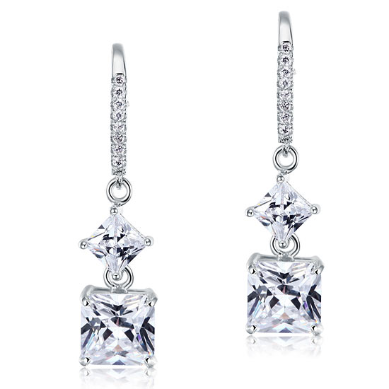 Aretes colgantes de diamantes simulados de talla princesa de 2 quilates en plata de ley