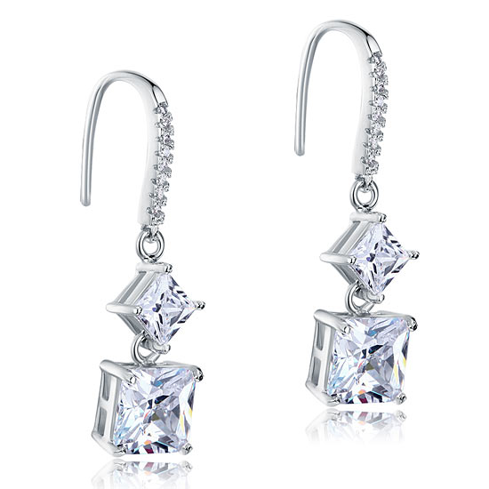 Aretes colgantes de diamantes simulados de talla princesa de 2 quilates en plata de ley