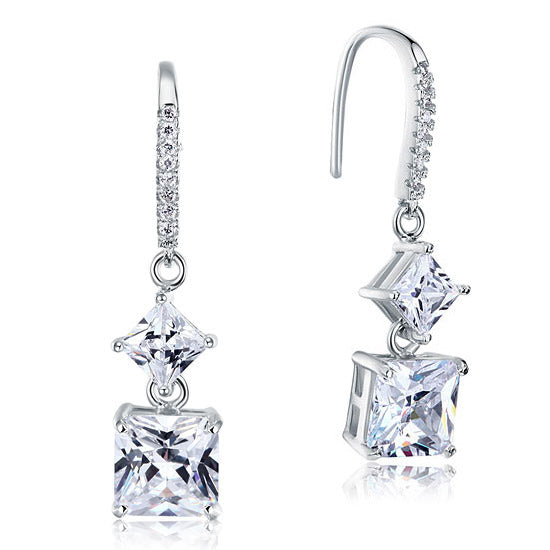 Aretes colgantes de diamantes simulados de talla princesa de 2 quilates en plata de ley