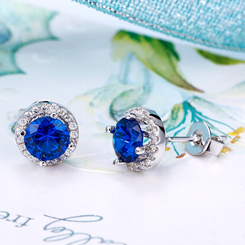 1 CT. Blue Simulated Sapphire Halo Stud Earrings in Sterling Silver