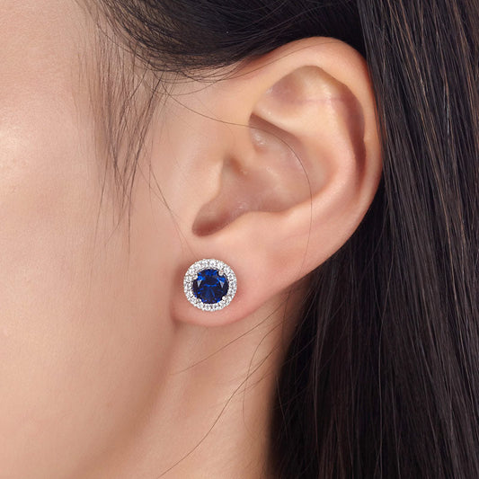 1 CT. Blue Simulated Sapphire Halo Stud Earrings in Sterling Silver