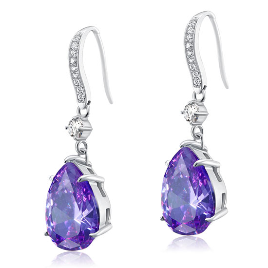Aretes colgantes de zafiro morado simulado de talla pera de 4 quilates en plata de ley