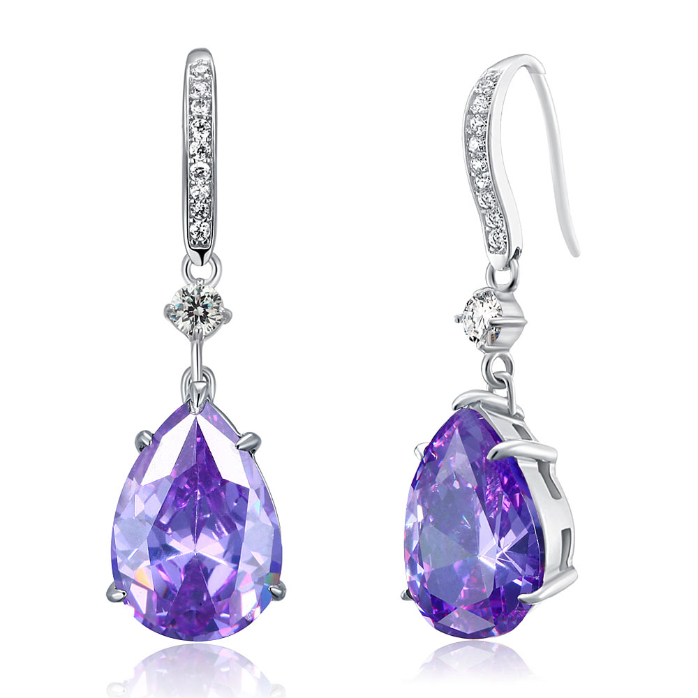 Aretes colgantes de zafiro morado simulado de talla pera de 4 quilates en plata de ley