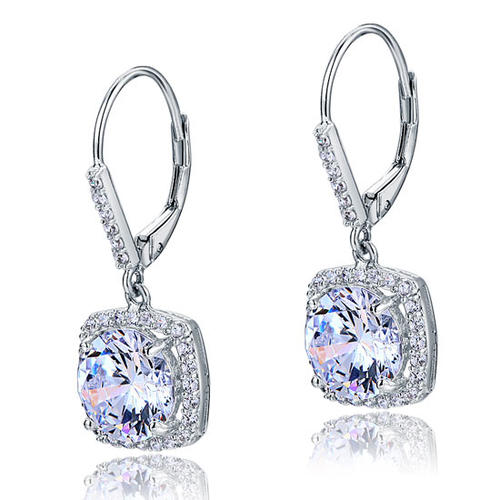 Boucles d'oreilles pendantes en argent sterling avec halo de diamants synthétiques ronds brillants de 2,5 carats