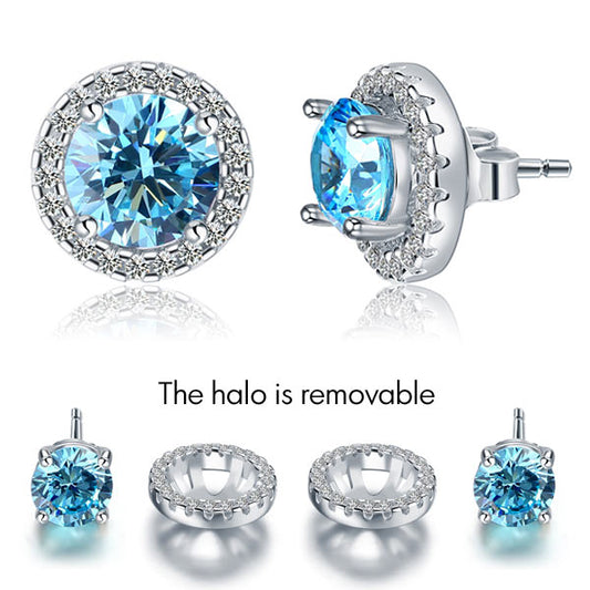 1.25 CT. Aqua Blue Simulated Diamond Removable Halo Stud Earrings in Sterling Silver