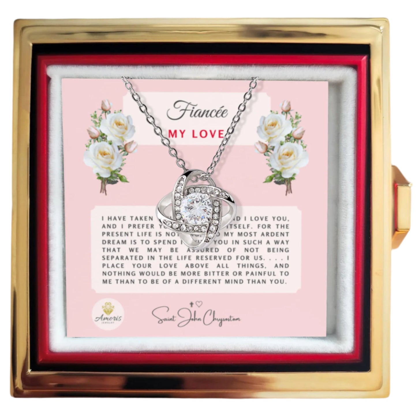 Fiancée My Love Necklace with Eternal Rose and Saint John Chrysostom Quote