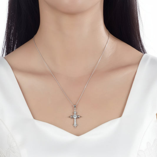 Medieval Style Simulated Diamond Cross Pendant Necklace in Sterling Silver