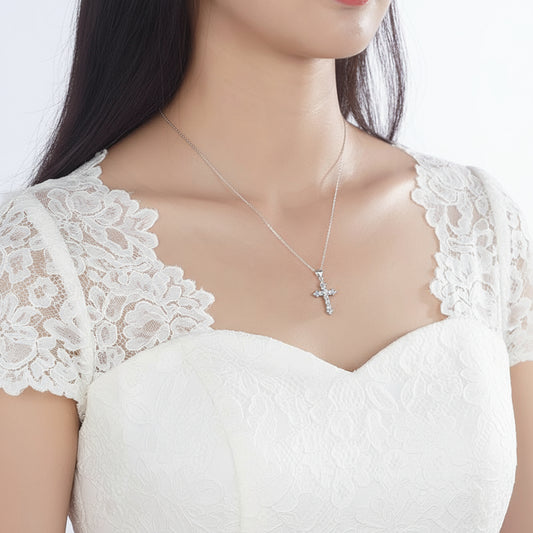 Round Cut Simulated Diamond Cross Pendant Necklace in Sterling Silver