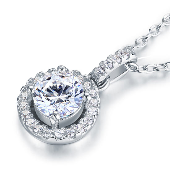 1 CT. Round Simulated Diamond Halo Pendant Necklace in Sterling Silver