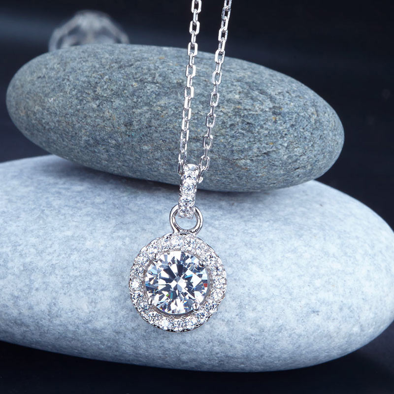 1 CT. Round Simulated Diamond Halo Pendant Necklace in Sterling Silver