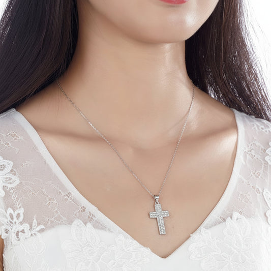 Micro PavΓ© CZ Cross Pendant Necklace in Sterling Silver