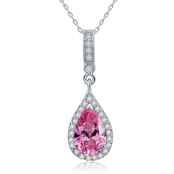 Collar con colgante de halo de lágrima con diamantes simulados rosas de 3 quilates en plata de ley