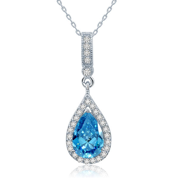 Collar con colgante de halo de lágrima de diamantes simulados azul agua de 3 quilates en plata de ley