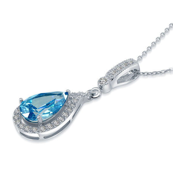 Collar con colgante de halo de lágrima de diamantes simulados azul agua de 3 quilates en plata de ley