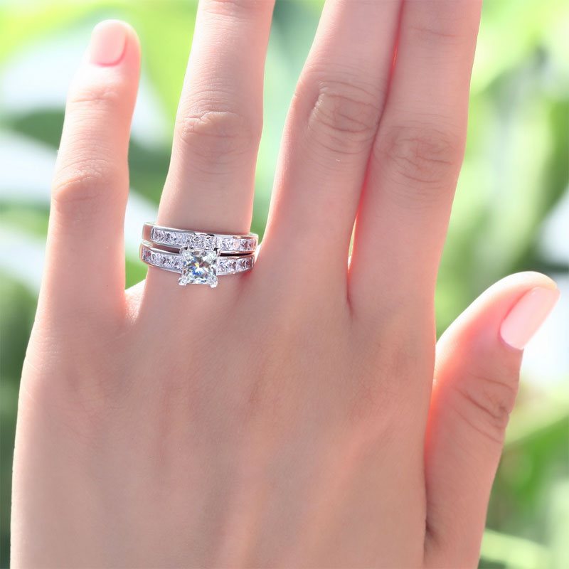 1 CT. Princess Cut Simulated Diamond Channel Bridal Set in Sterling Silver