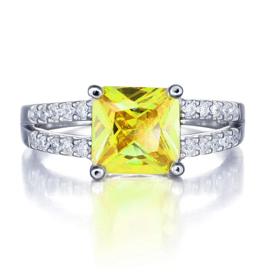 Anillo de doble cuerpo con diamante simulado amarillo de talla princesa de 2 quilates en plata de ley