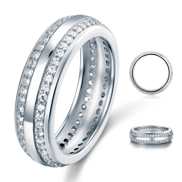 Alianza de boda de doble eternidad con diamantes simulados en plata de ley