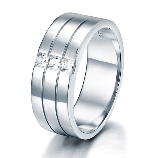 Three-Stone Simulated Diamond Band in Sterling Silver for Men