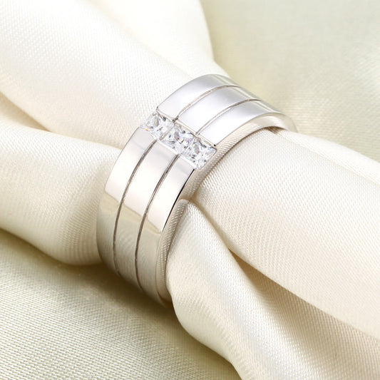 Three-Stone Simulated Diamond Band in Sterling Silver for Men