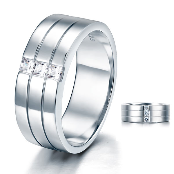 Three-Stone Simulated Diamond Band in Sterling Silver for Men