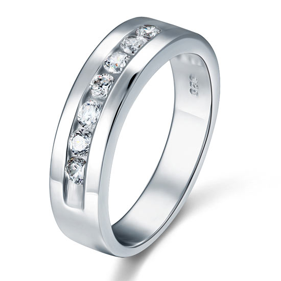 Alliance en argent sterling pour homme avec diamants synthétiques ronds sertis en canal
