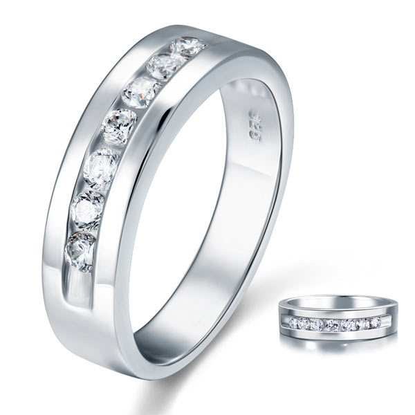 Alliance en argent sterling pour homme avec diamants synthétiques ronds sertis en canal