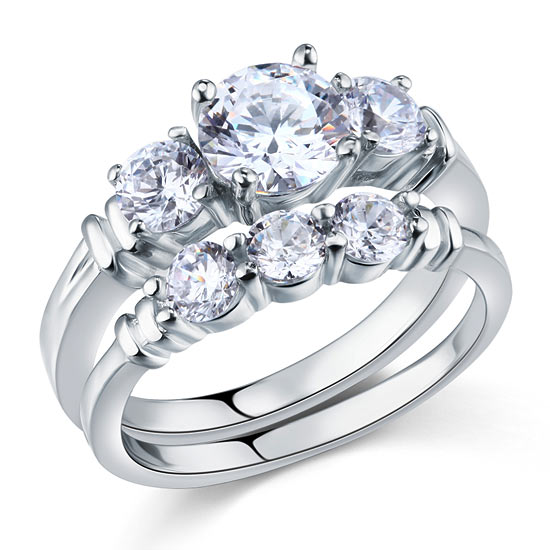 Three-Stone Simulated Diamond Bridal Set in Sterling Silver