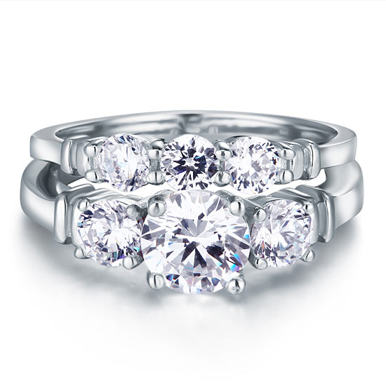 Three-Stone Simulated Diamond Bridal Set in Sterling Silver