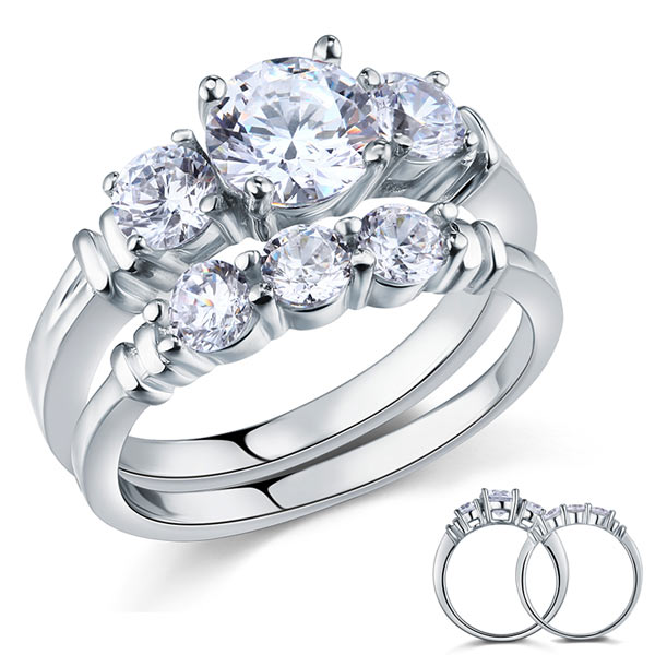 Three-Stone Simulated Diamond Bridal Set in Sterling Silver