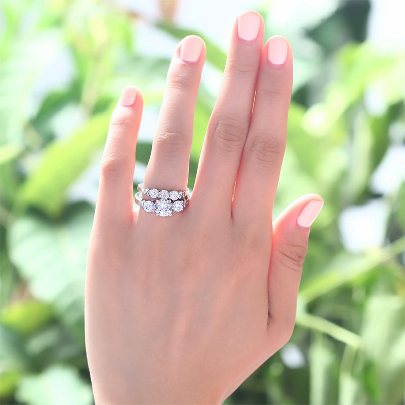 Three-Stone Simulated Diamond Bridal Set in Sterling Silver