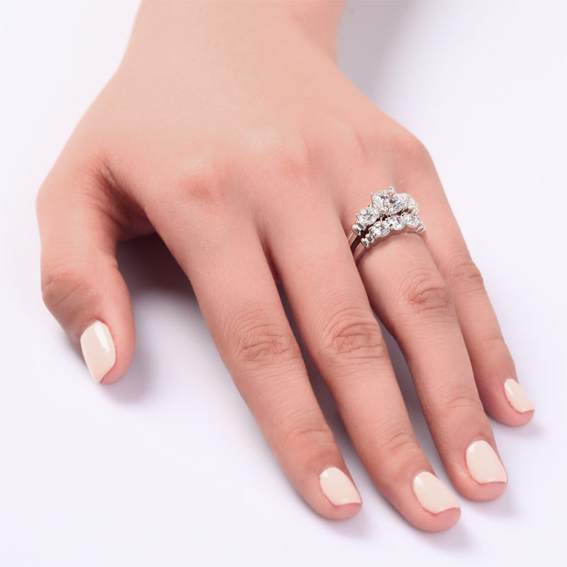 Three-Stone Simulated Diamond Bridal Set in Sterling Silver