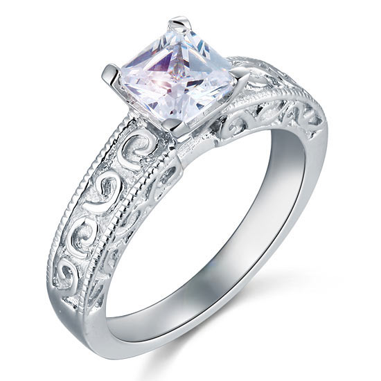 1 CT. Princess Cut Simulated Diamond Solitaire Milgrain Ring in Sterling Silver