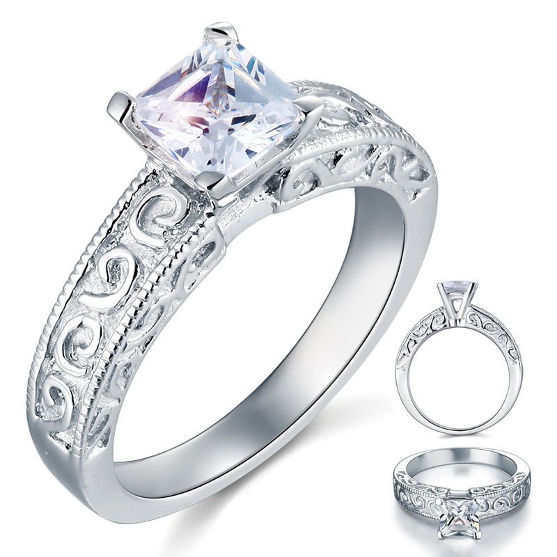 1 CT. Princess Cut Simulated Diamond Solitaire Milgrain Ring in Sterling Silver