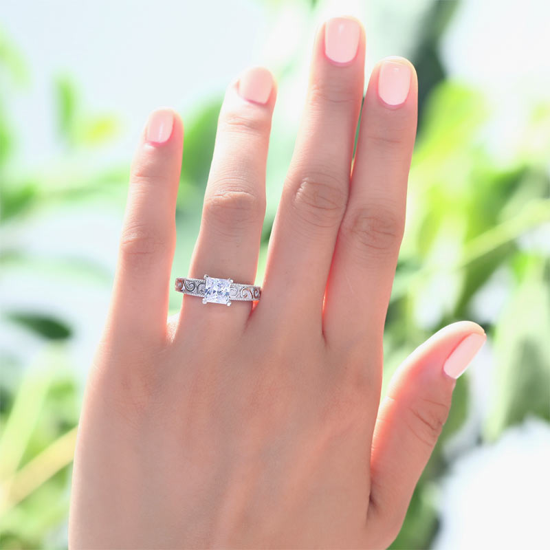 1 CT. Princess Cut Simulated Diamond Solitaire Milgrain Ring in Sterling Silver