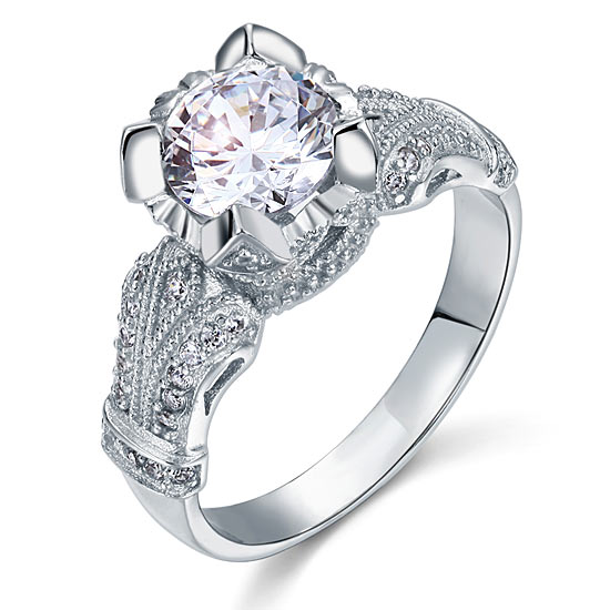 Bague vintage en argent sterling avec diamants synthétiques ronds de 2 carats