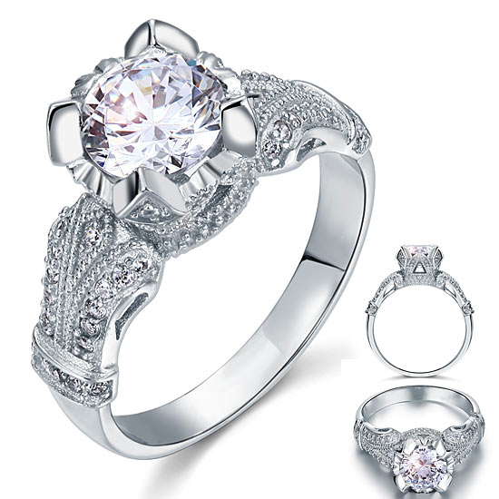 Bague vintage en argent sterling avec diamants synthétiques ronds de 2 carats