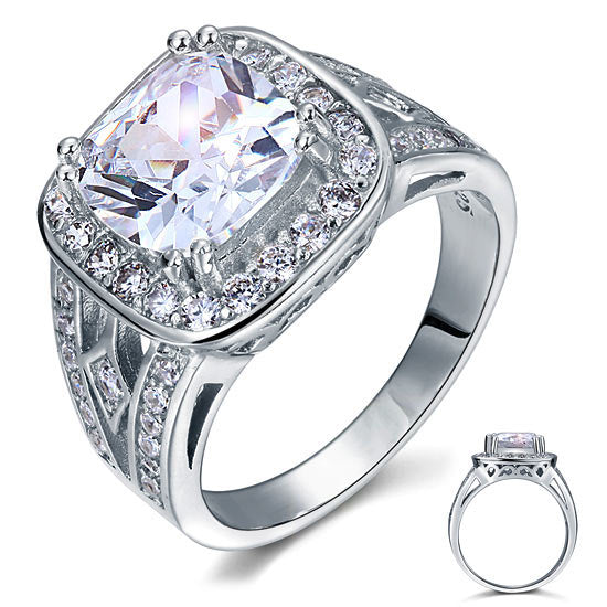 Bague halo vintage en argent sterling avec diamants synthétiques taille coussin de 4 carats