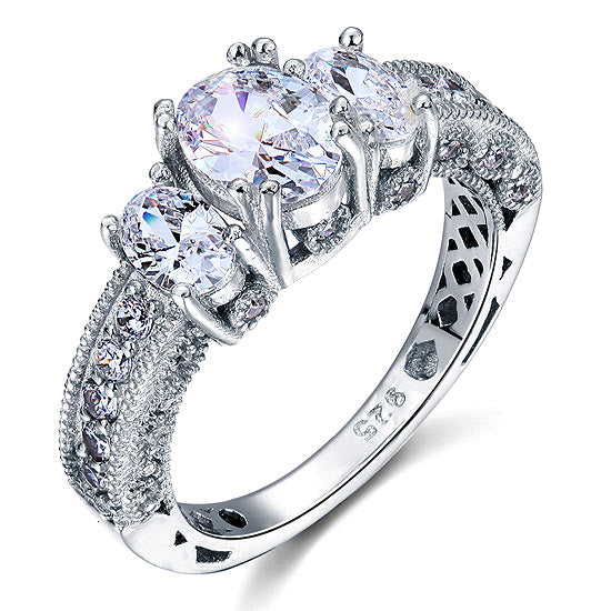 Three-Stone Oval Cut Simulated Diamond Vintage Style Ring in Sterling Silver