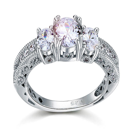 Three-Stone Oval Cut Simulated Diamond Vintage Style Ring in Sterling Silver
