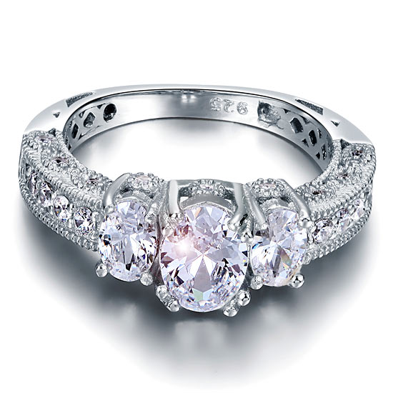 Three-Stone Oval Cut Simulated Diamond Vintage Style Ring in Sterling Silver