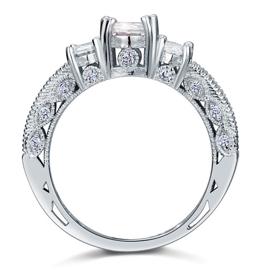 Three-Stone Oval Cut Simulated Diamond Vintage Style Ring in Sterling Silver
