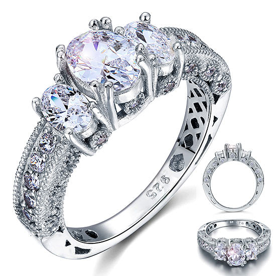 Three-Stone Oval Cut Simulated Diamond Vintage Style Ring in Sterling Silver