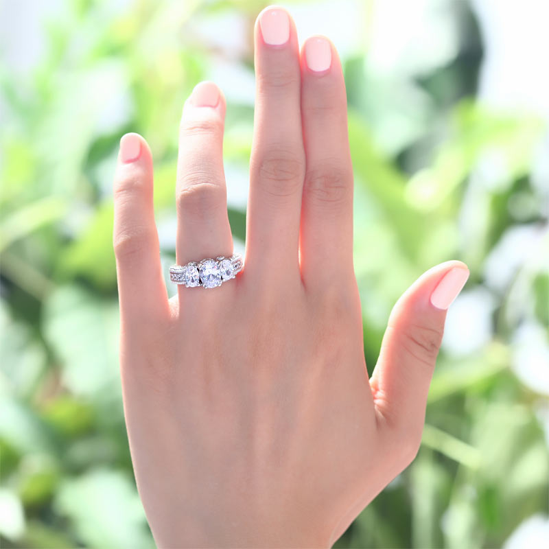 Three-Stone Oval Cut Simulated Diamond Vintage Style Ring in Sterling Silver