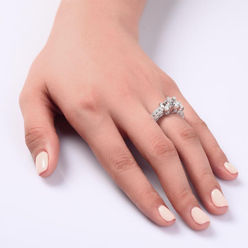 Three-Stone Oval Cut Simulated Diamond Vintage Style Ring in Sterling Silver