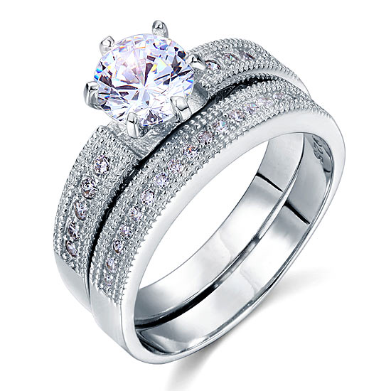 1.25 CT. Round Simulated Diamond Milgrain Bridal Set in Sterling Silver