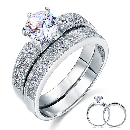 1.25 CT. Round Simulated Diamond Milgrain Bridal Set in Sterling Silver