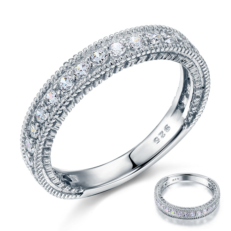 Alliance semi-éternité en argent sterling avec diamants simulés Milgrain