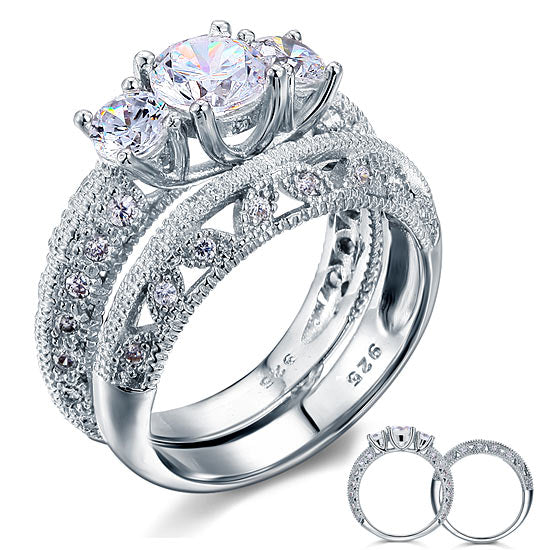 Conjunto nupcial de tres piedras de estilo vintage con diamantes simulados de 1,5 quilates en plata de ley.