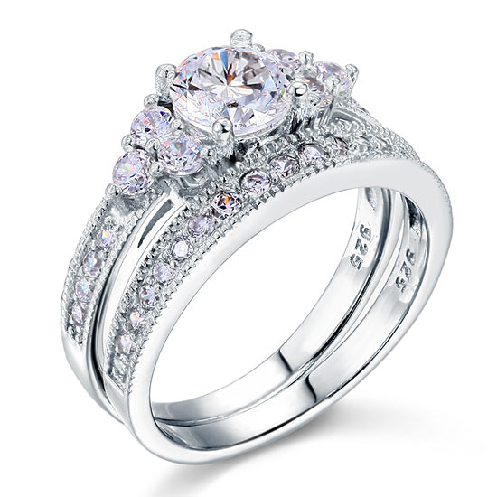 1 CT. Round Simulated Diamond Milgrain Bridal Set in Sterling Silver