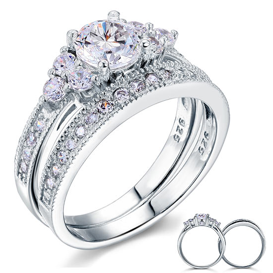 1 CT. Round Simulated Diamond Milgrain Bridal Set in Sterling Silver
